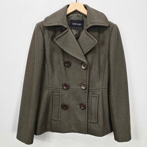 Nine West Double Breasted Peacoat Womens 6 Military Green Wool Blend Academia